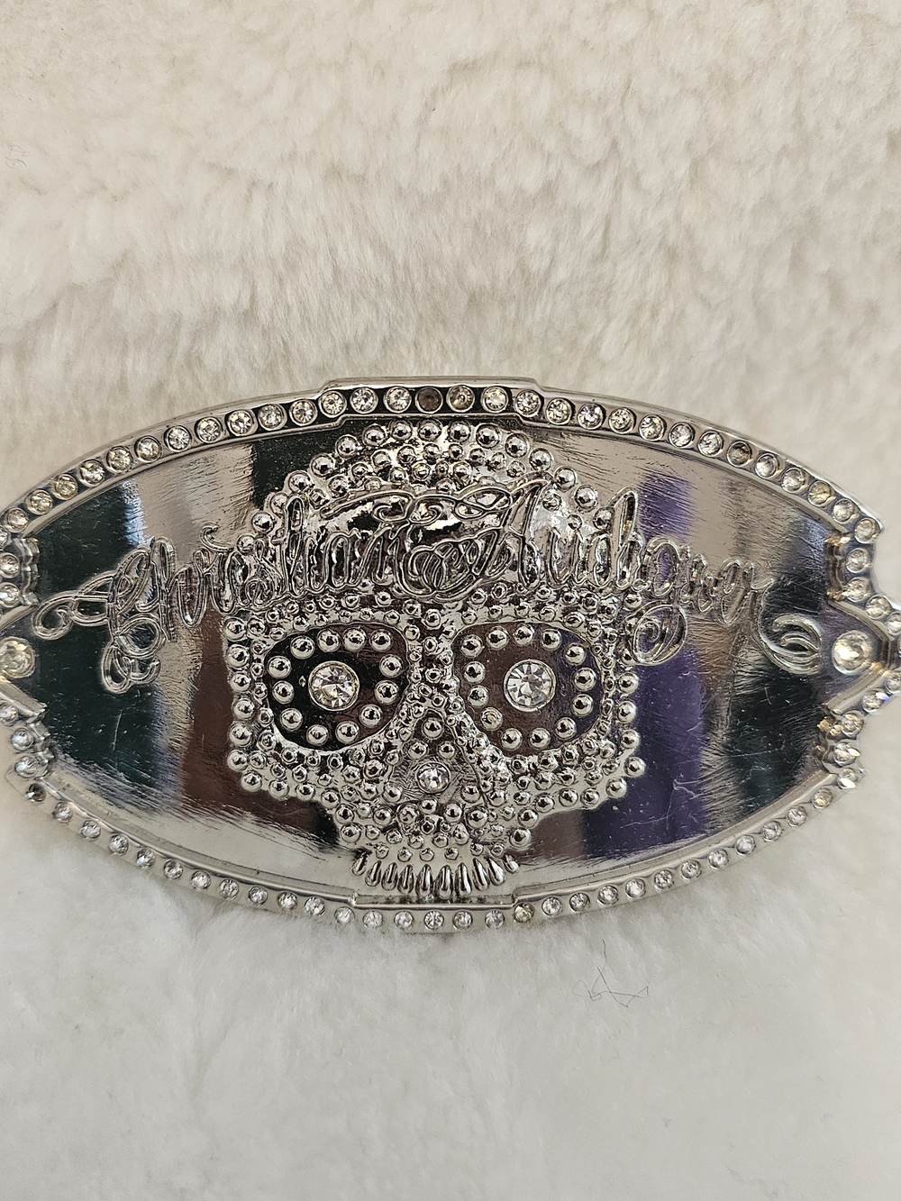 Christian Audigier Silver Crystal Skull Belt Buckle